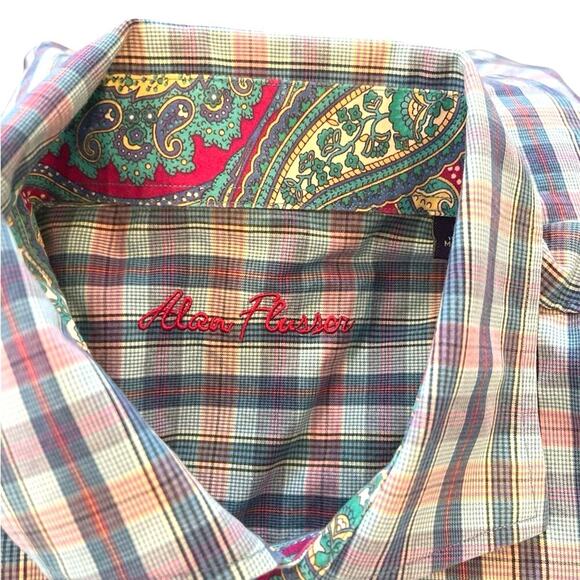 Alan Flusser Multicolor Plaid Button Down Shirt XL Contrast Paisley Cuff Sleeves - Picture 3 of 9